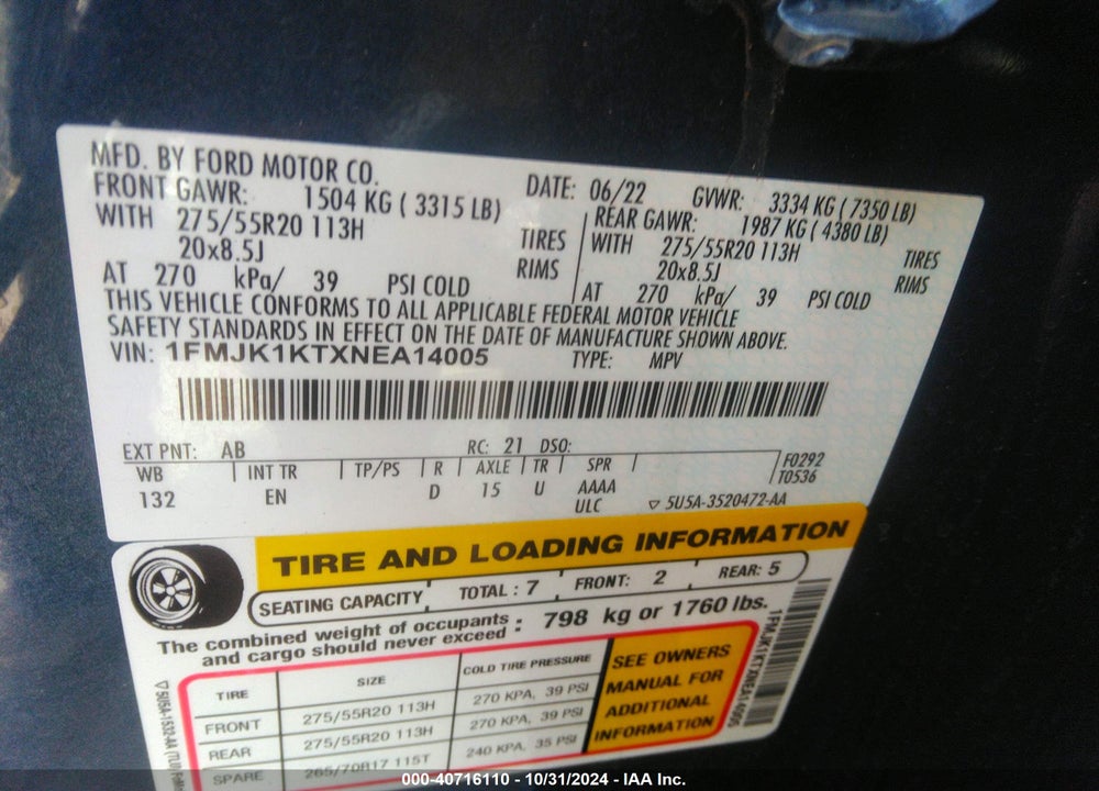 2022 FORD EXPEDITION LIMITED MAX VIN: 1FMJK1KTXNEA14005