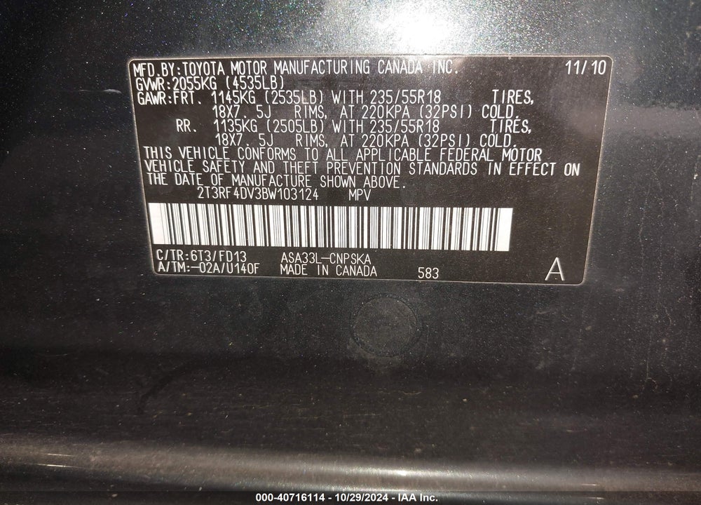 2011 TOYOTA RAV4 SPORT VIN: 2T3RF4DV3BW103124