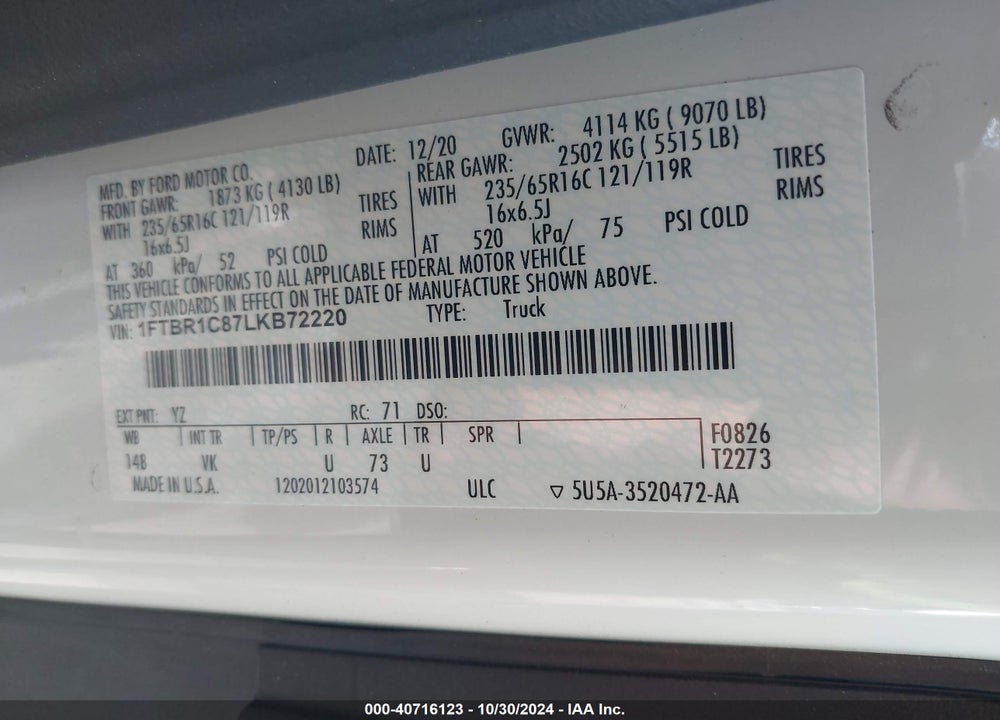 2020 FORD TRANSIT-250 CARGO VAN VIN: 1FTBR1C87LKB72220