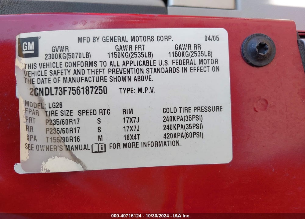 2005 CHEVROLET EQUINOX LT VIN: 2CNDL73F756187250