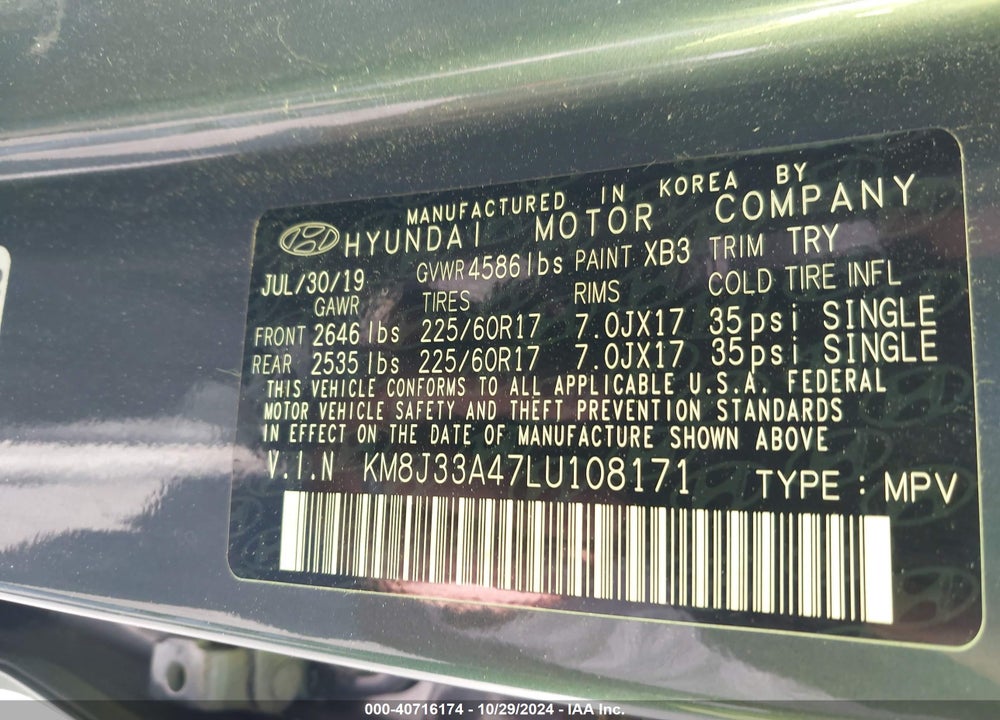 2020 HYUNDAI TUCSON VALUE VIN: KM8J33A47LU108171