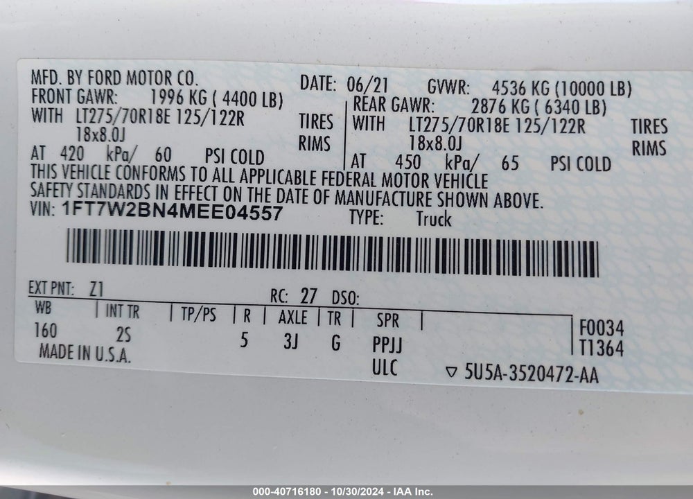 2021 FORD F-250 XLT VIN: 1FT7W2BN4MEE04557