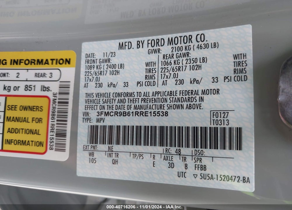 2024 FORD BRONCO SPORT BIG BEND VIN: 3FMCR9B61RRE15538