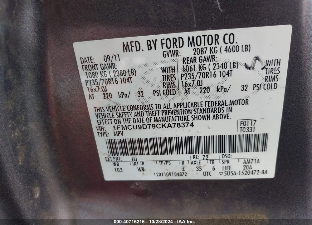 2012 FORD ESCAPE XLT VIN: 1FMCU9D79CKA78374