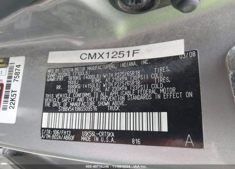 2008 TOYOTA TUNDRA SR5 5.7L V8 VIN: 5TBBV54198S509516