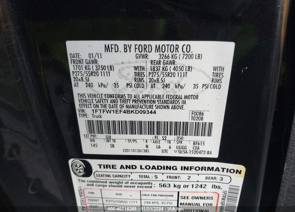 2011 FORD F-150 FX4 VIN: 1FTFW1EF4BKD09344