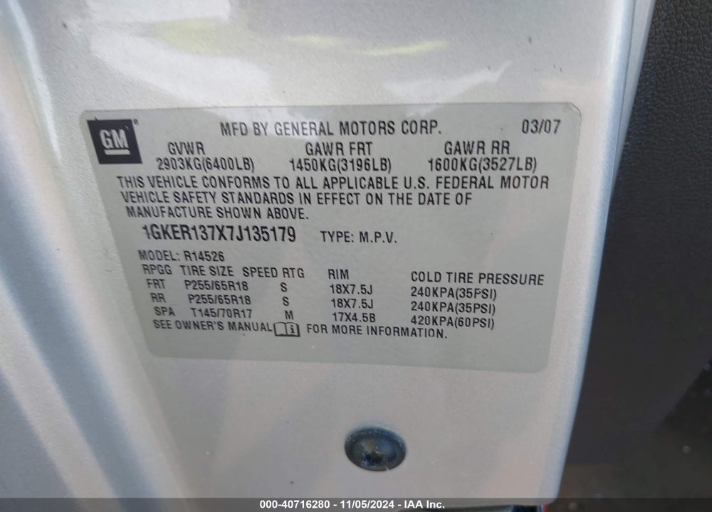 2007 GMC ACADIA SLE-1 VIN: 1GKER137X7J135179