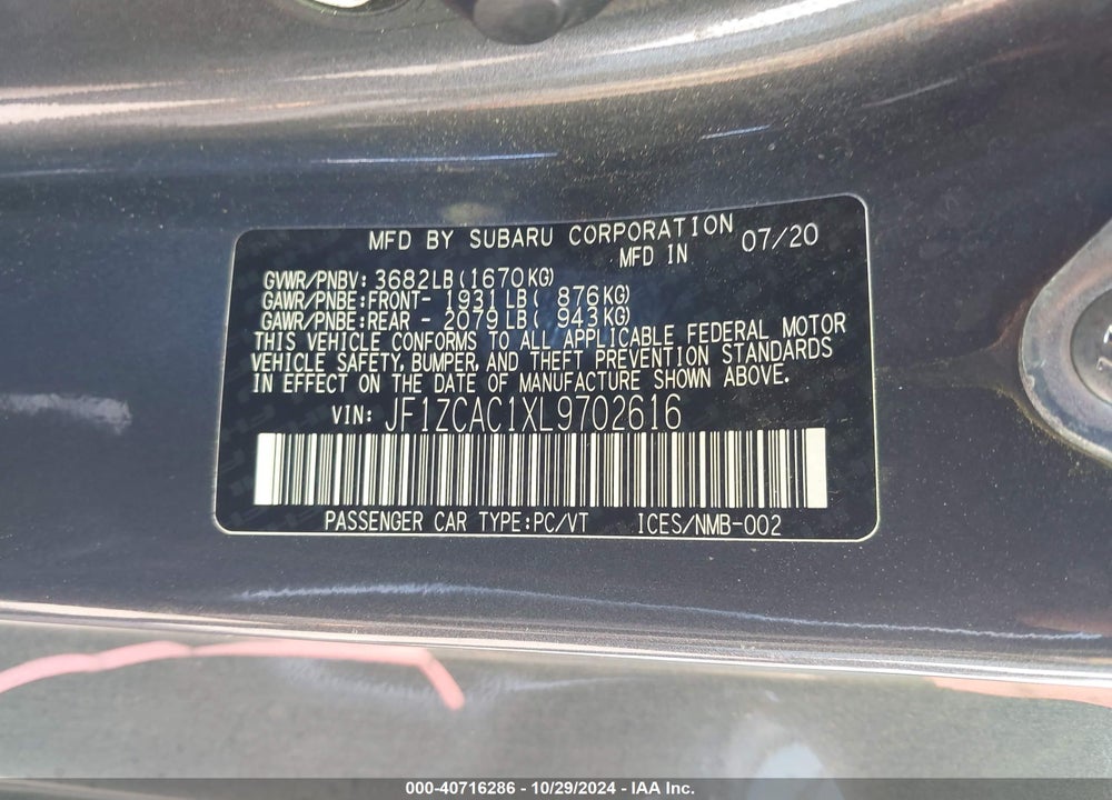2020 SUBARU BRZ LIMITED VIN: JF1ZCAC1XL9702616