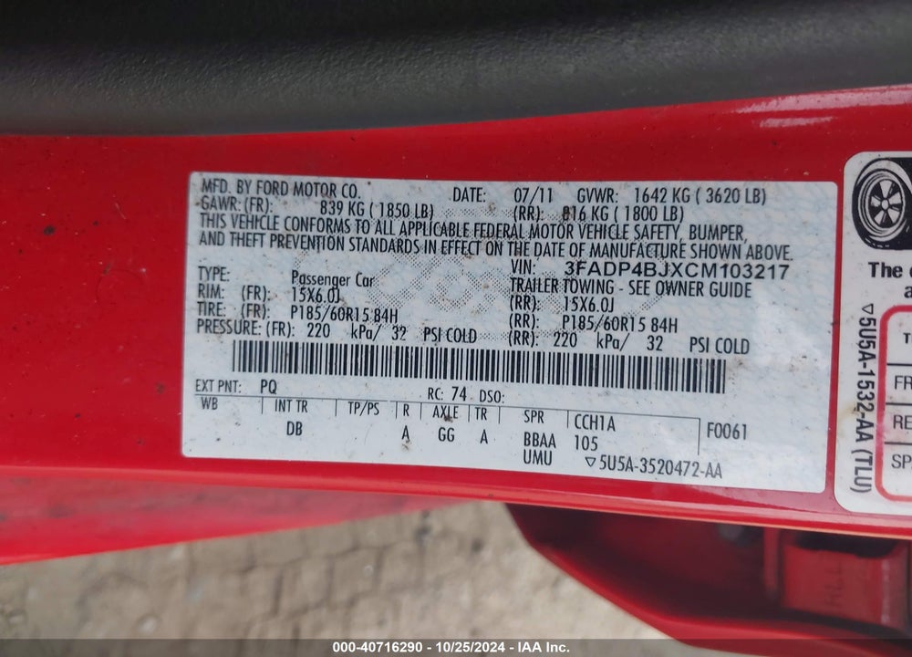 2012 FORD FIESTA SE VIN: 3FADP4BJXCM103217