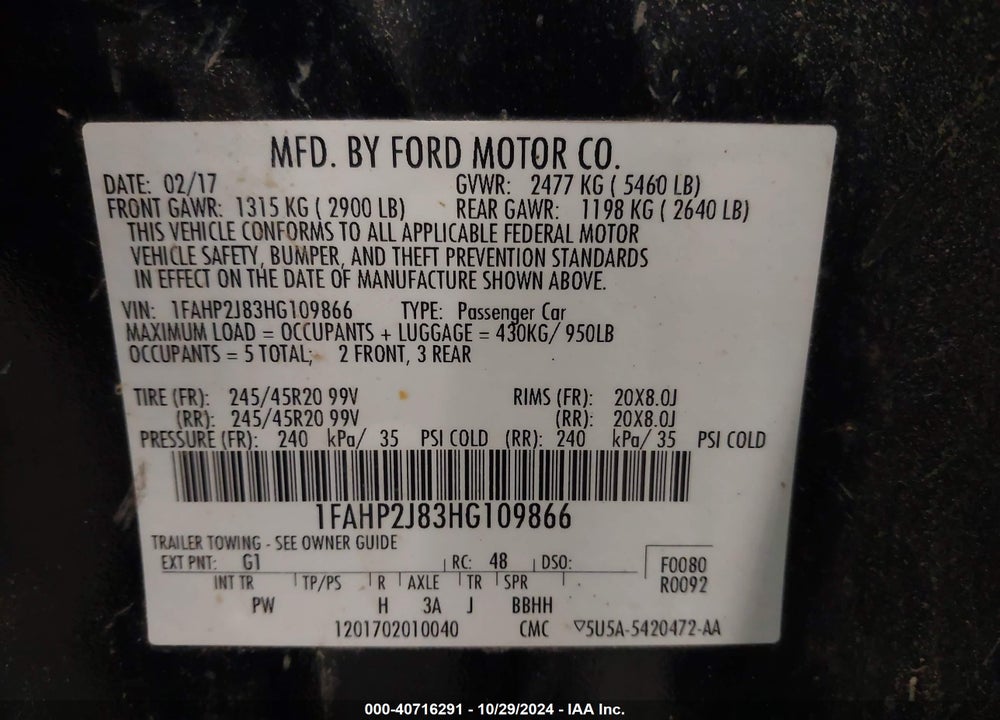 2017 FORD TAURUS VIN: 1FAHP2J83HG109866
