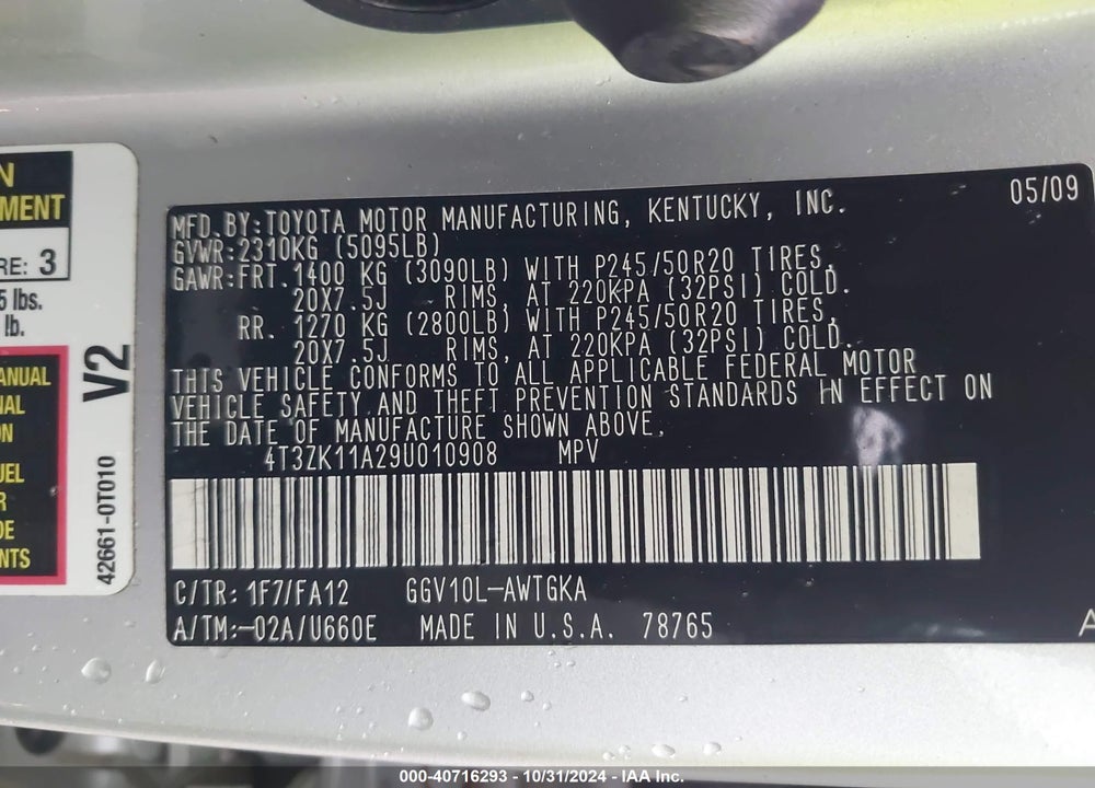 2009 TOYOTA VENZA BASE V6 VIN: 4T3ZK11A29U010908