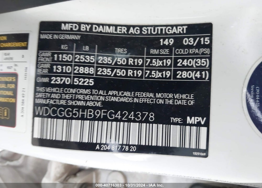 2015 MERCEDES-BENZ GLK 350 VIN: WDCGG5HB9FG424378