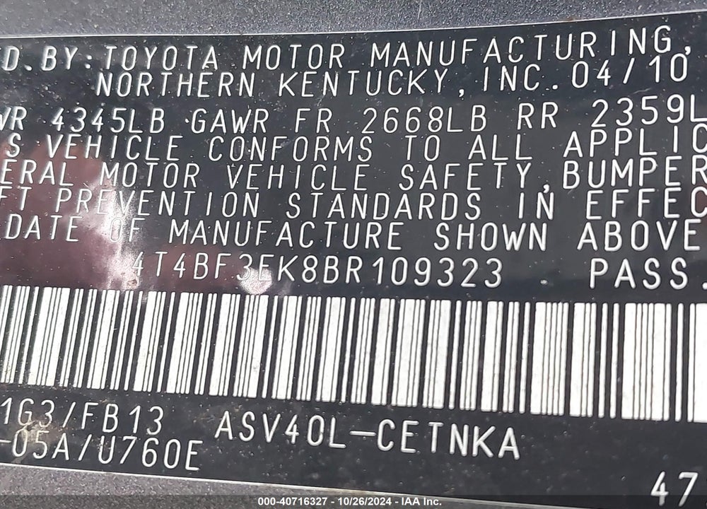 2011 TOYOTA CAMRY LE VIN: 4T4BF3EK8BR109323