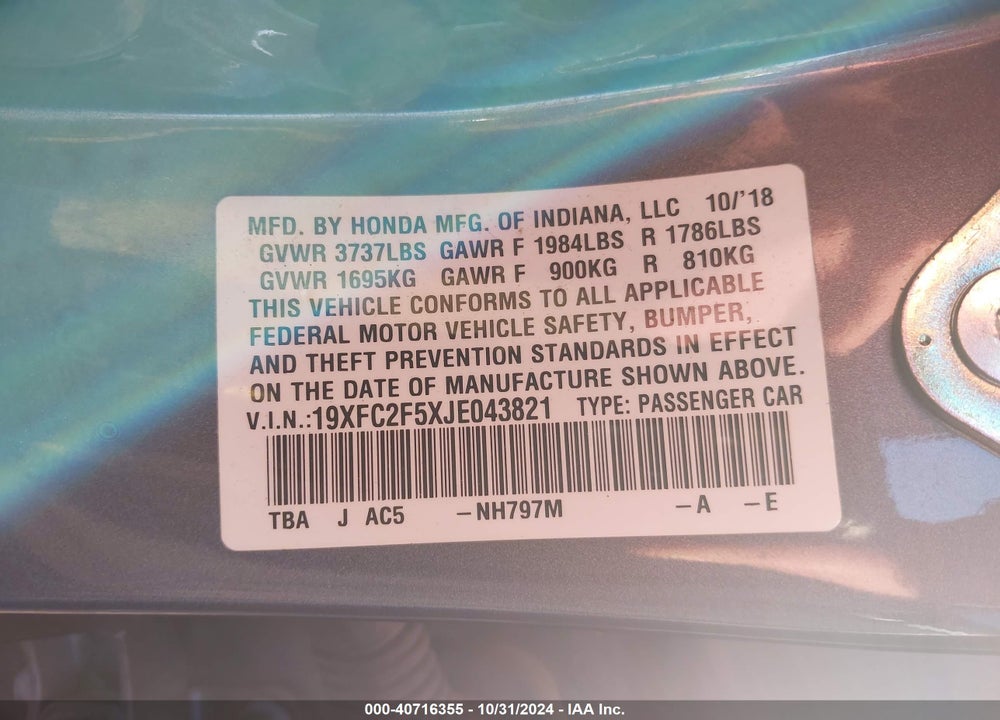 2018 HONDA CIVIC LX VIN: 19XFC2F5XJE043821