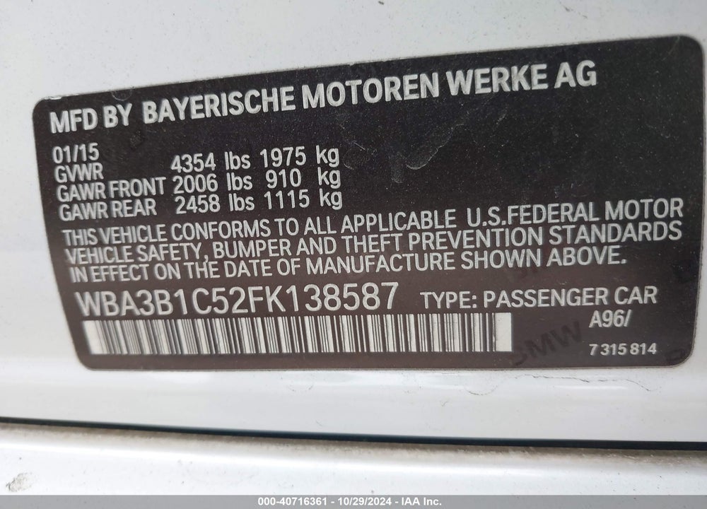 2015 BMW 320I VIN: WBA3B1C52FK138587