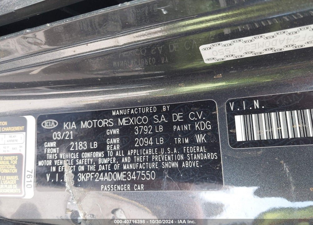 2021 KIA FORTE LXS VIN: 3KPF24AD0ME347550