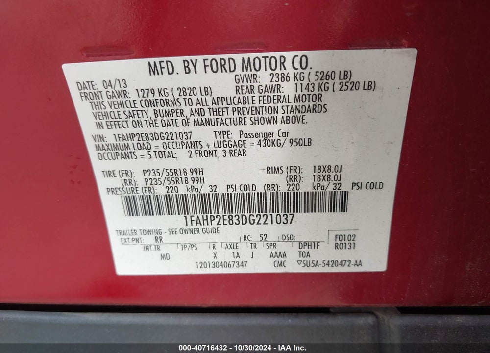 2013 FORD TAURUS SEL VIN: 1FAHP2E83DG221037
