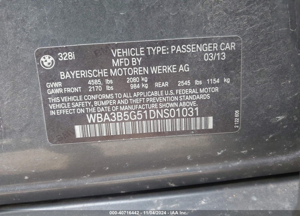 2013 BMW 328I XDRIVE VIN: WBA3B5G51DNS01031