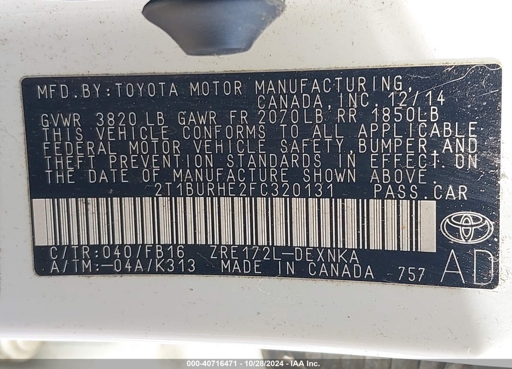 2015 TOYOTA COROLLA LE VIN: 2T1BURHE2FC320131