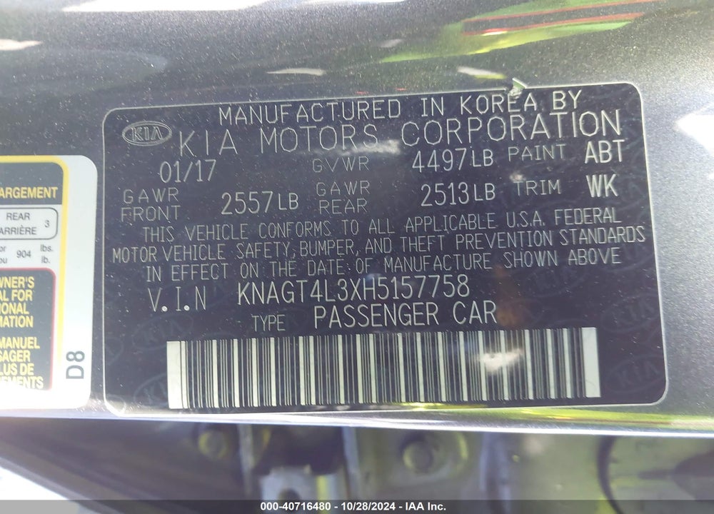 2017 KIA OPTIMA LX VIN: KNAGT4L3XH5157758
