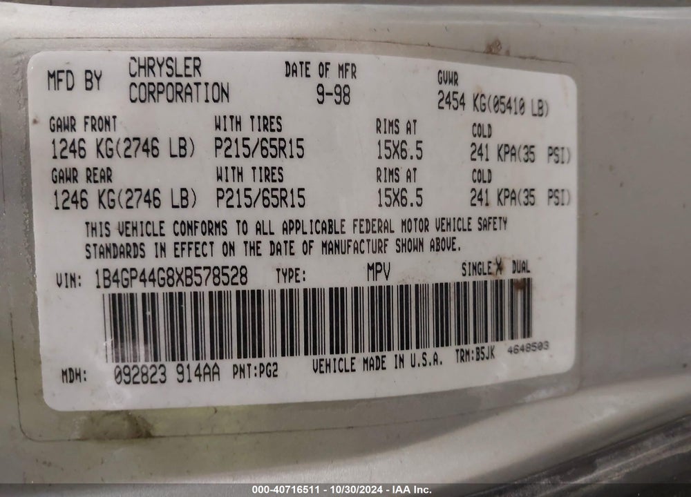 1999 DODGE GRAND CARAVAN SE VIN: 1B4GP44G8XB578528