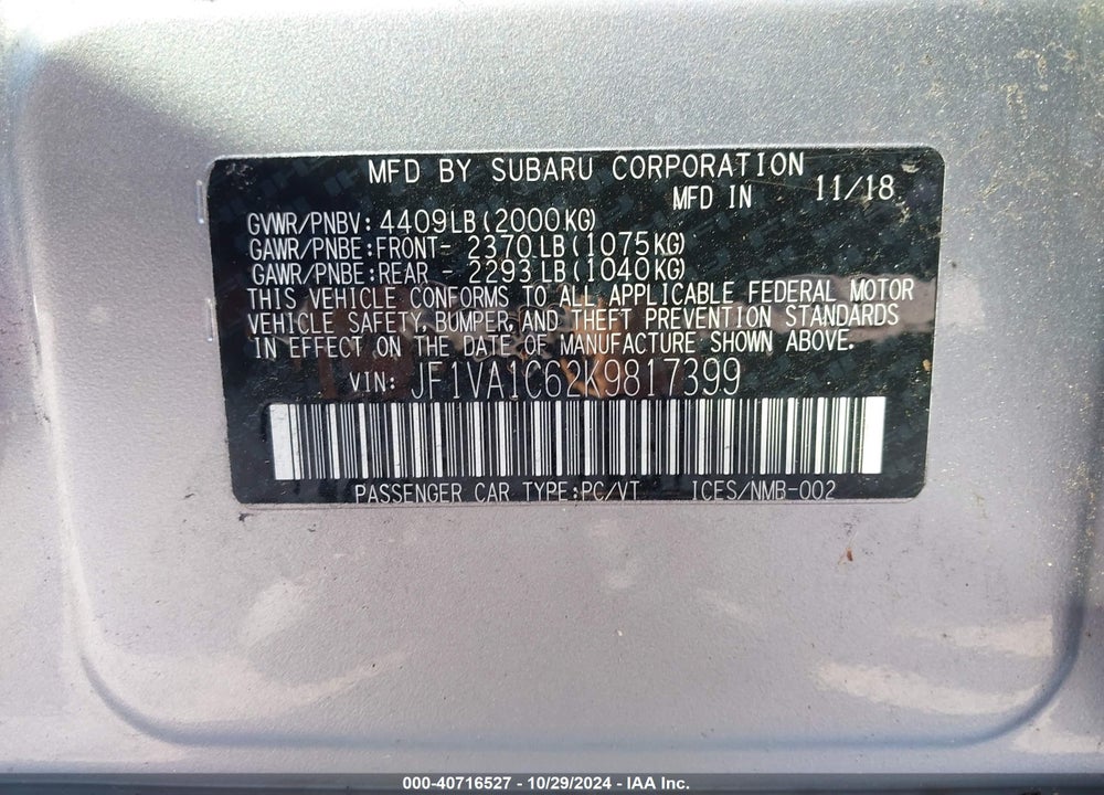 2019 SUBARU WRX PREMIUM VIN: JF1VA1C62K9817399