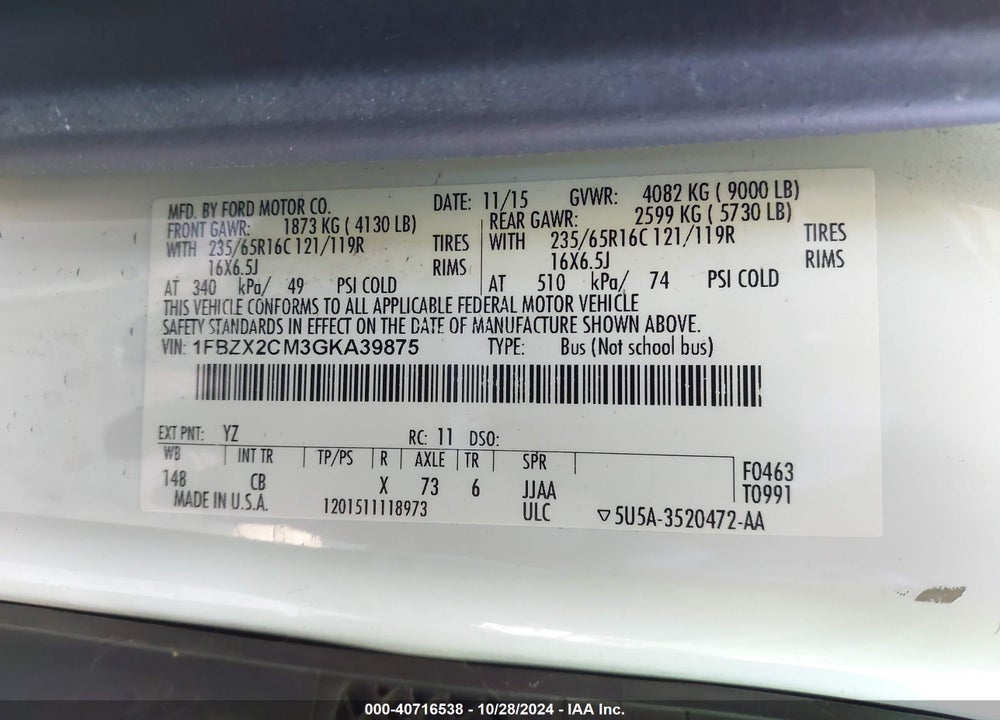 2016 FORD TRANSIT-350 XL VIN: 1FBZX2CM3GKA39875