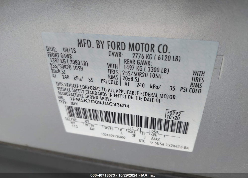 2018 FORD EXPLORER XLT VIN: 1FM5K7D89JGC93894