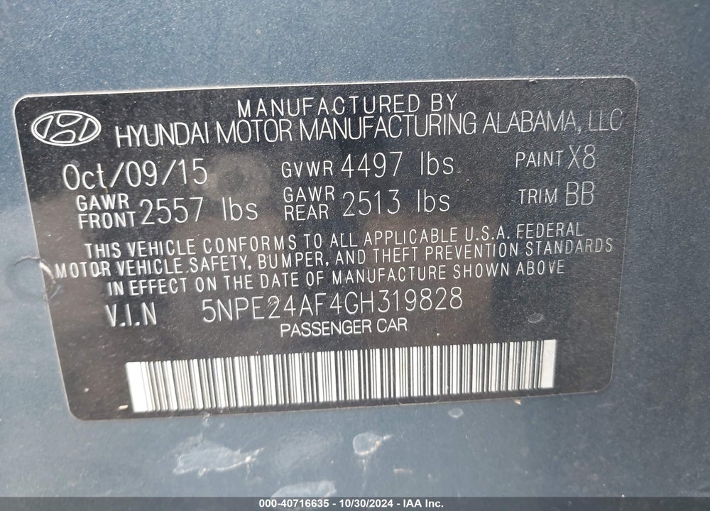2016 HYUNDAI SONATA SE VIN: 5NPE24AF4GH319828