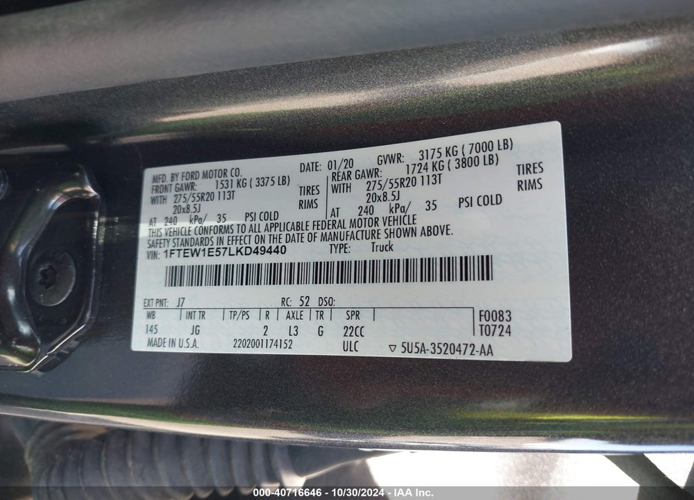 2020 FORD F-150 VIN: 1FTEW1E57LKD49440
