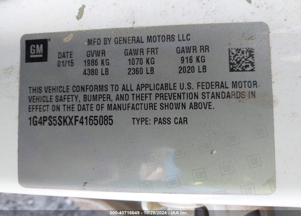 2015 BUICK VERANO LEATHER GROUP VIN: 1G4PS5SKXF4165085