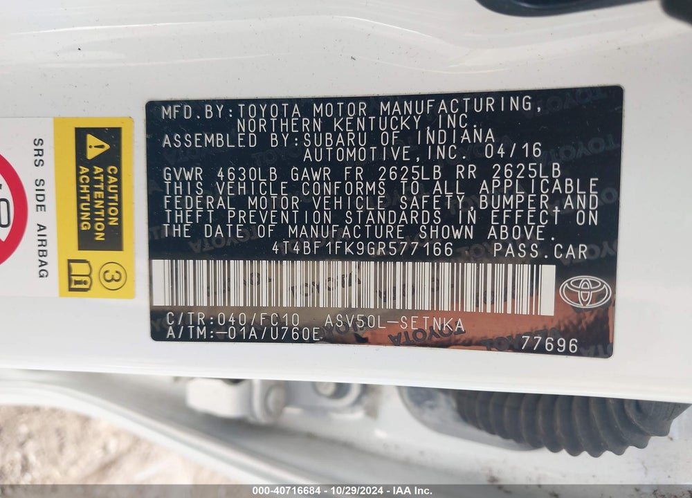 2016 TOYOTA CAMRY VIN: 4T4BF1FK9GR577166