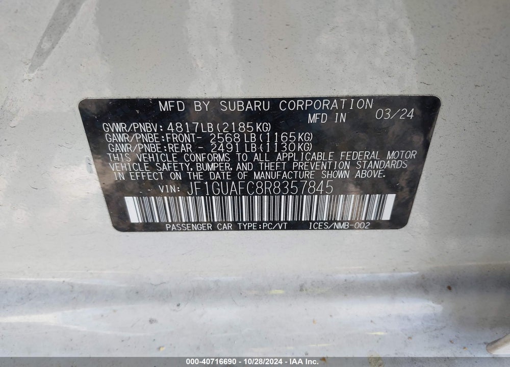 2024 SUBARU IMPREZA SPORT 5-DOOR VIN: JF1GUAFC8R8357845