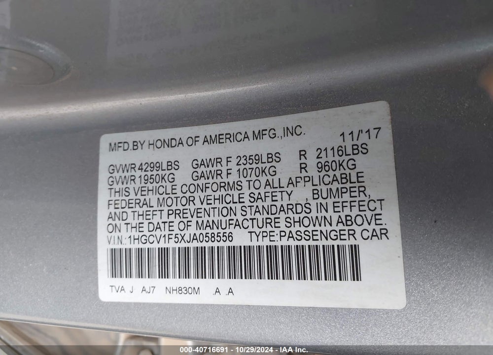 2018 HONDA ACCORD EX-L VIN: 1HGCV1F5XJA058556
