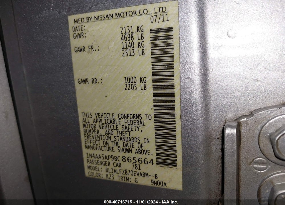 2011 NISSAN MAXIMA 3.5 SV VIN: 1N4AA5AP9BC865664