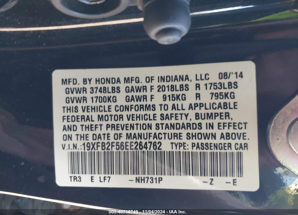 2014 HONDA CIVIC LX VIN: 19XFB2F56EE264762