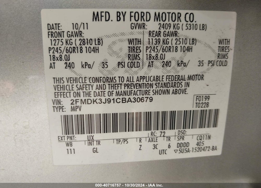 2012 FORD EDGE SEL VIN: 2FMDK3J91CBA30679