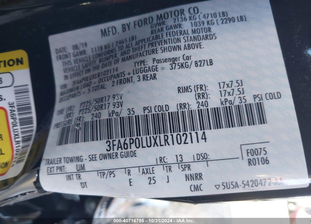 2020 FORD FUSION HYBRID SE VIN: 3FA6P0LUXLR102114