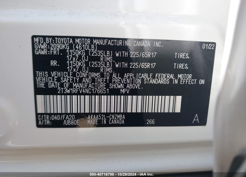 2022 TOYOTA RAV4 XLE VIN: 2T3W1RFV4NC176651