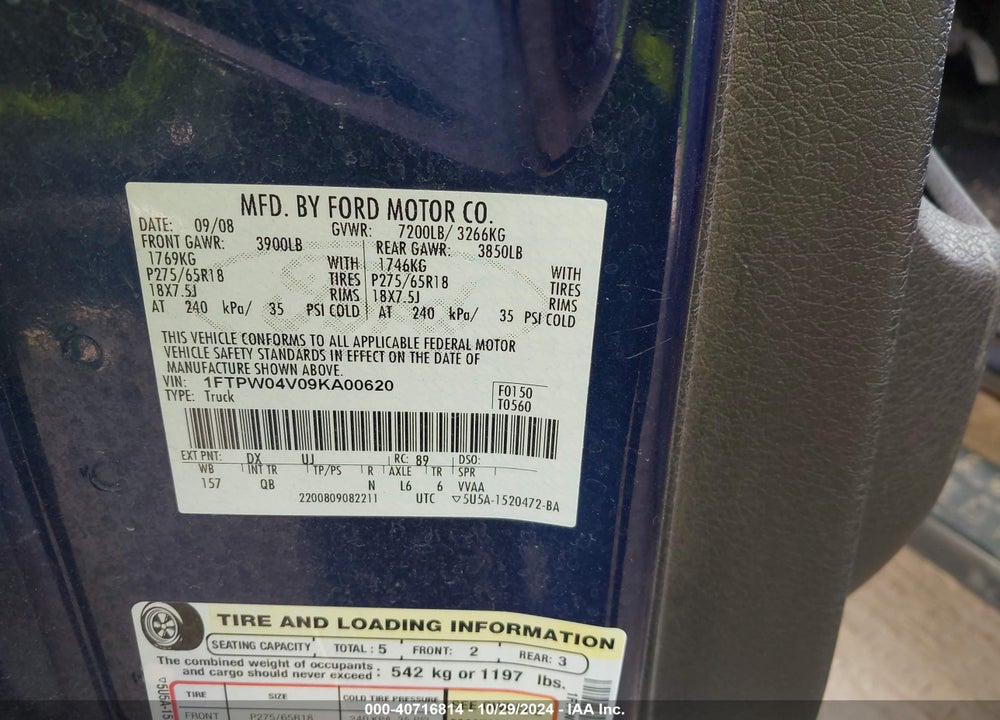 2009 FORD F-150 FX4 VIN: 1FTPW04V09KA00620