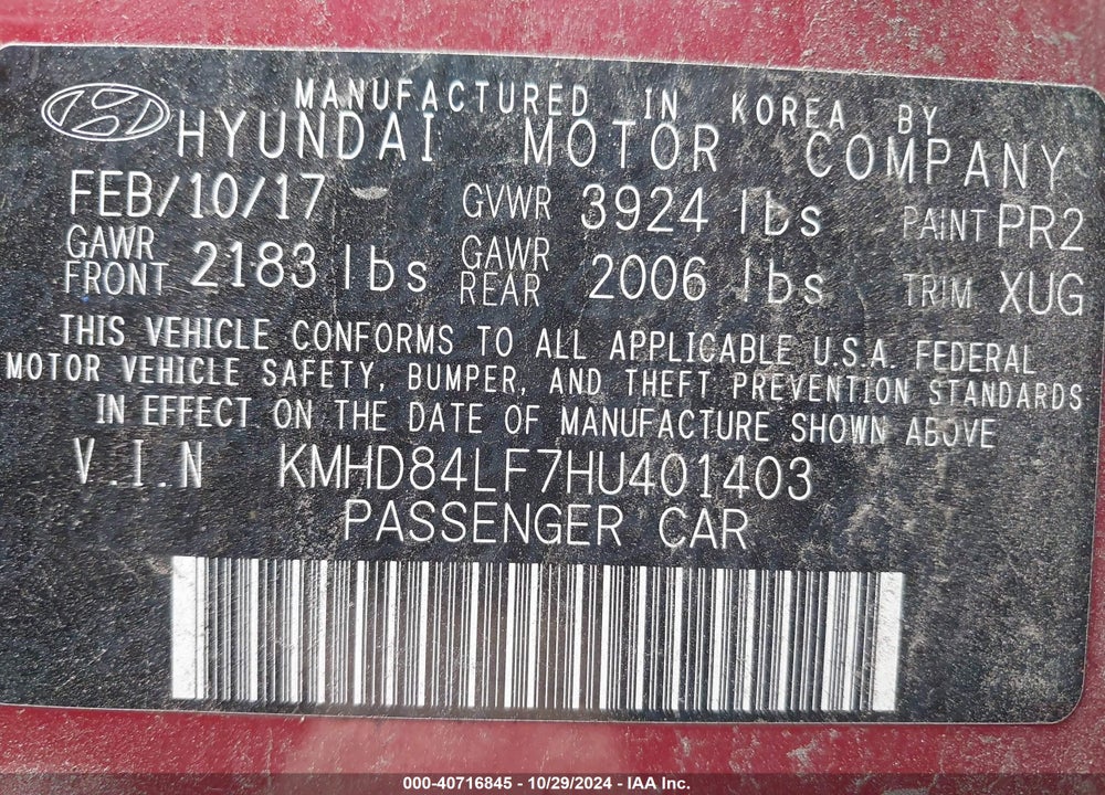 2017 HYUNDAI ELANTRA SE VIN: KMHD84LF7HU401403