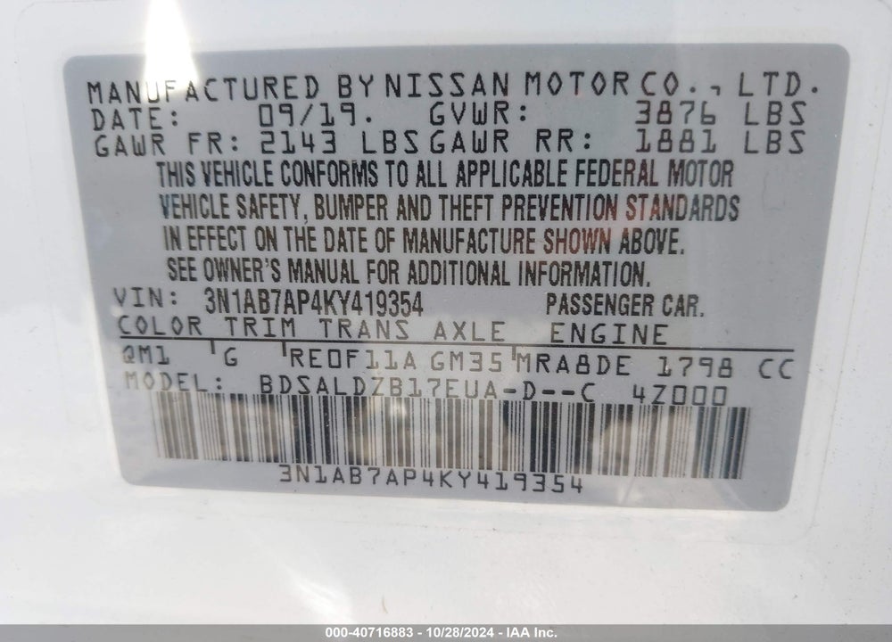 2019 NISSAN SENTRA SV VIN: 3N1AB7AP4KY419354