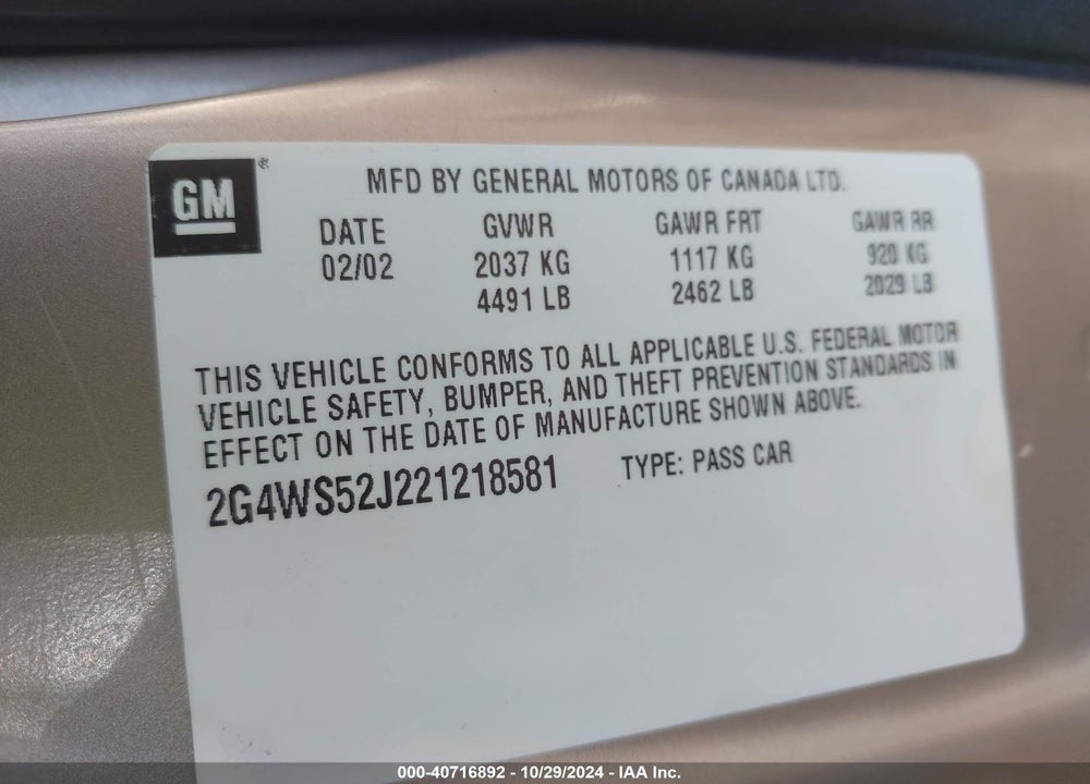 2002 BUICK CENTURY CUSTOM VIN: 2G4WS52J221218581