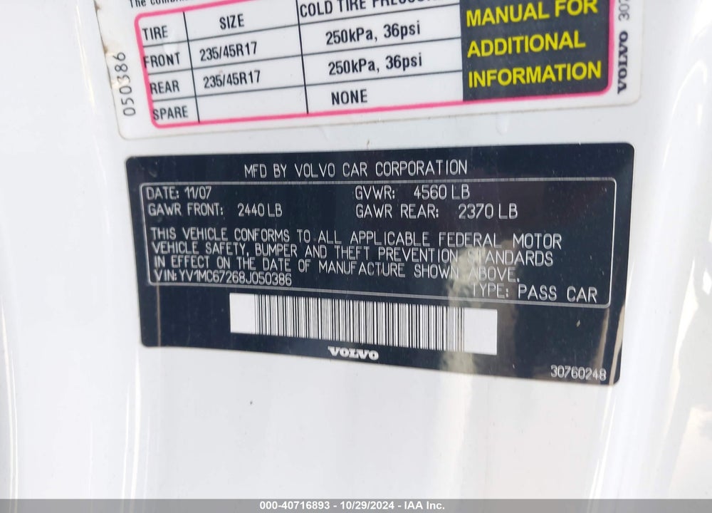 2008 VOLVO C70 T5 VIN: YV1MC67268J050386