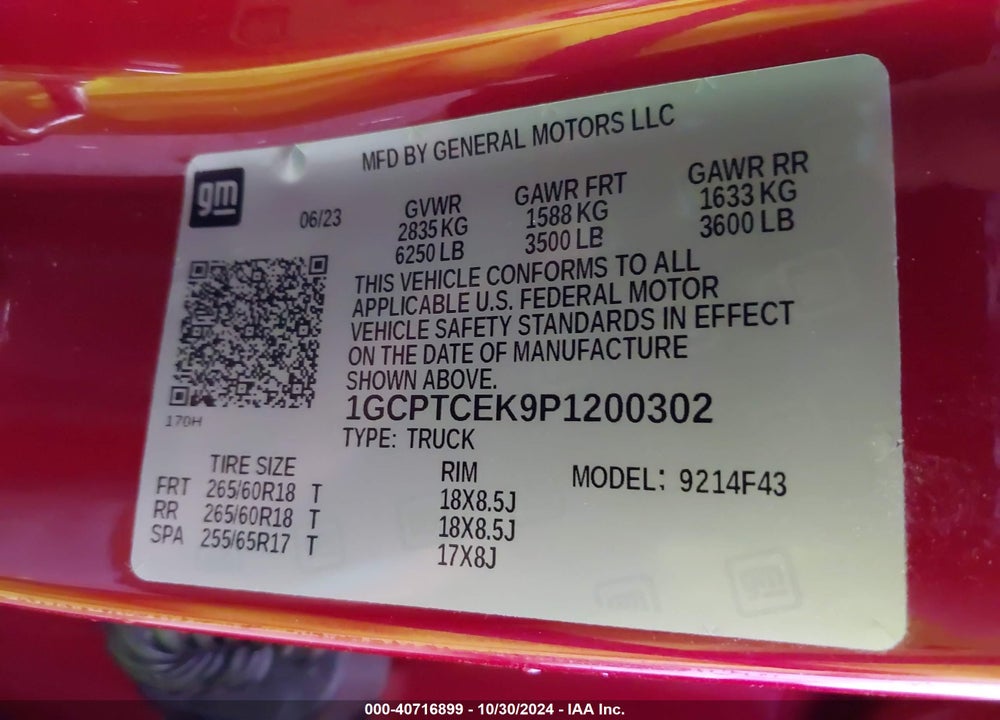 2023 CHEVROLET COLORADO 4WD SHORT BOX LT VIN: 1GCPTCEK9P1200302