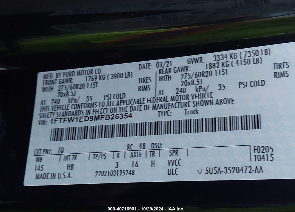 2021 FORD F-150 VIN: 1FTFW1ED9MFB26354