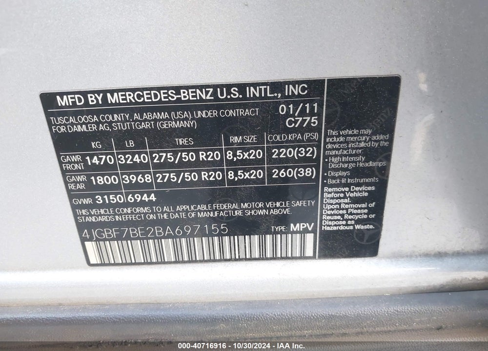 2011 MERCEDES-BENZ GL 450 4MATIC VIN: 4JGBF7BE2BA697155