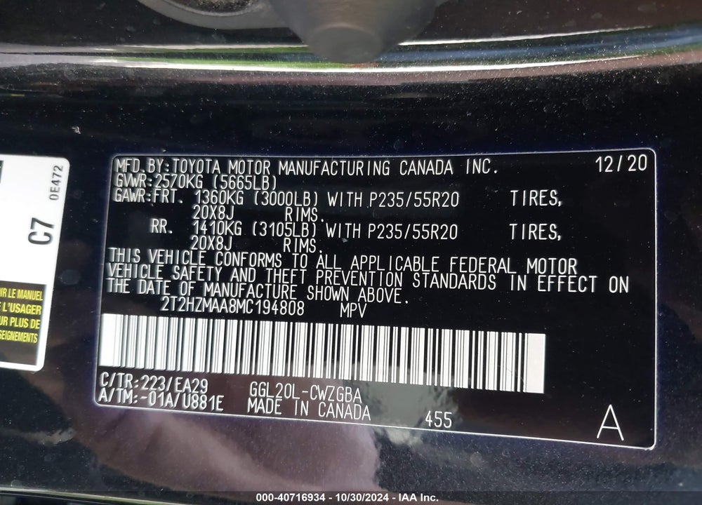 2021 LEXUS RX 350 VIN: 2T2HZMAA8MC194808