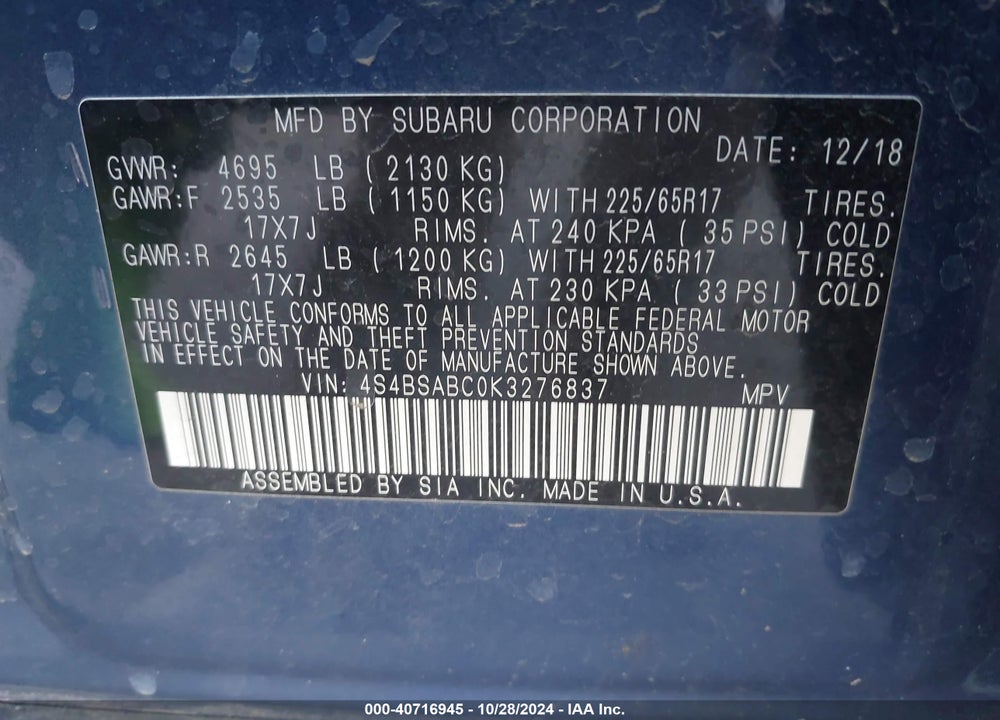 2019 SUBARU OUTBACK 2.5I VIN: 4S4BSABC0K3276837