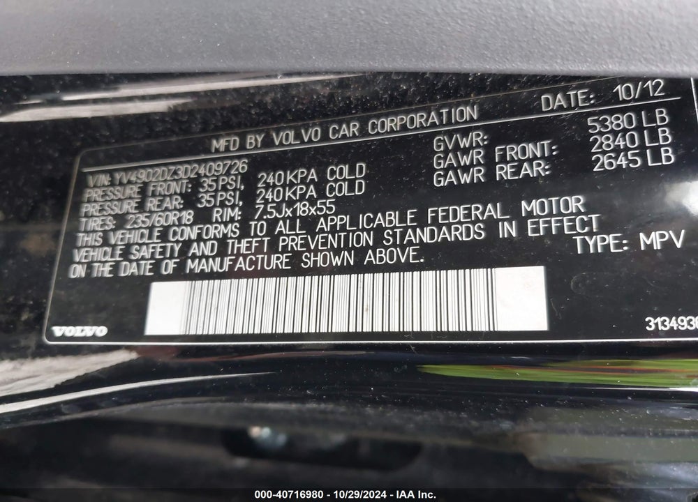 2013 VOLVO XC60 T6/T6 PLATINUM/T6 PREMIER PLUS/T6 R-DESIGN/T6 R-DESIGN PLATINUM/T6 R-DESIGN PREMIER PLUS VIN: YV4902DZ3D2409726